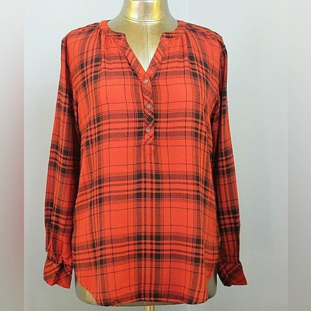 Universal Thread XXL Orange Black Plaid Flannel Long Sleeve Split Neck Top